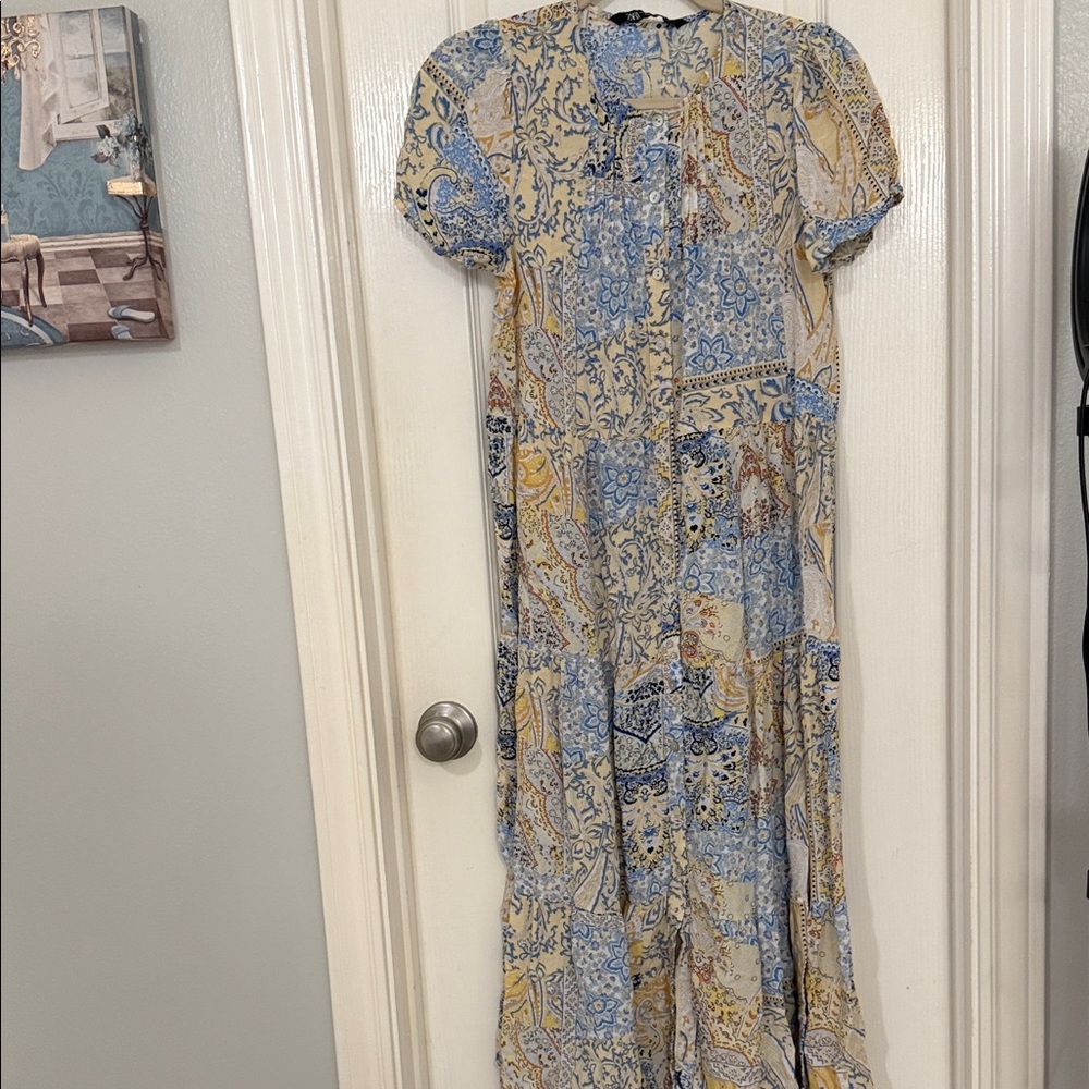 Zara Cream and Light Blue Paisley Maxi Dress